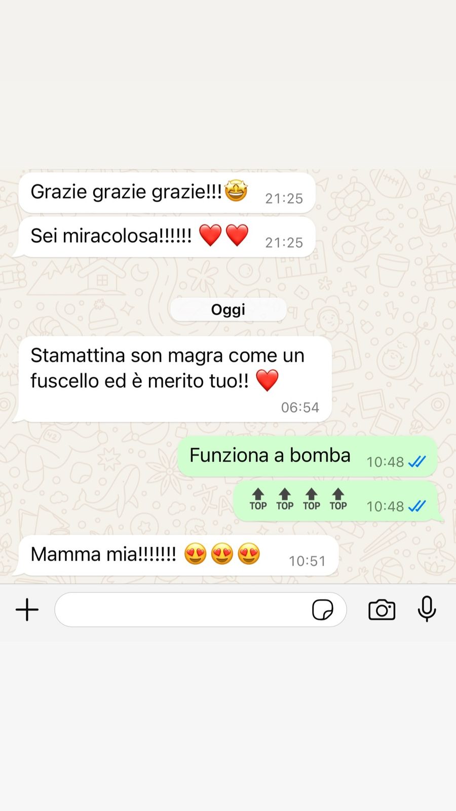 Feedback WhatsApp: grazie, sei miracolosa! Stamattina sono magra come un fuscello ed è merito tuo