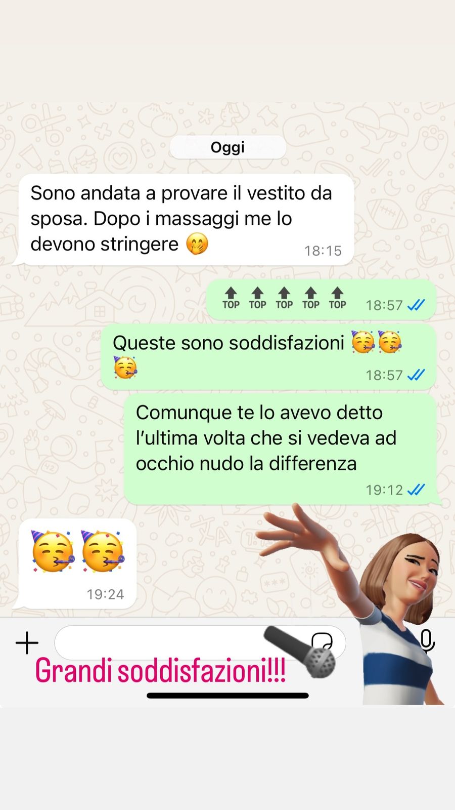 Feedback WhatsApp: sono andata a provare il vestito da sposa, dopo i massaggi me lo devono stringere