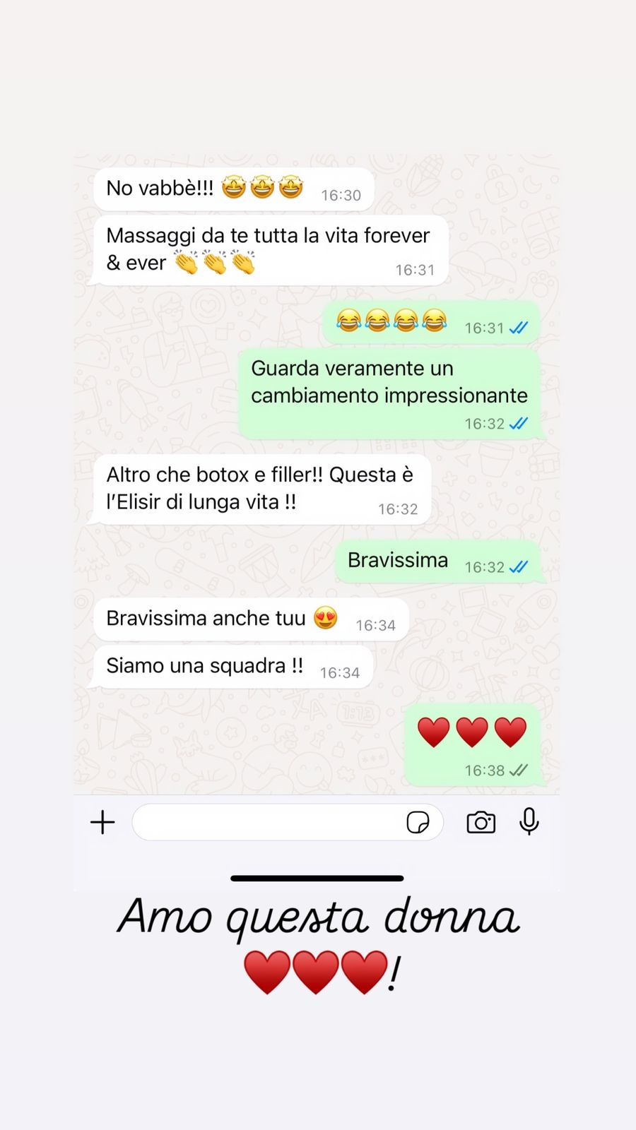 Feedback WhatsApp: massaggi da te tutta la vita, altro che botox e filler, questa è l'elisir di lunga vita