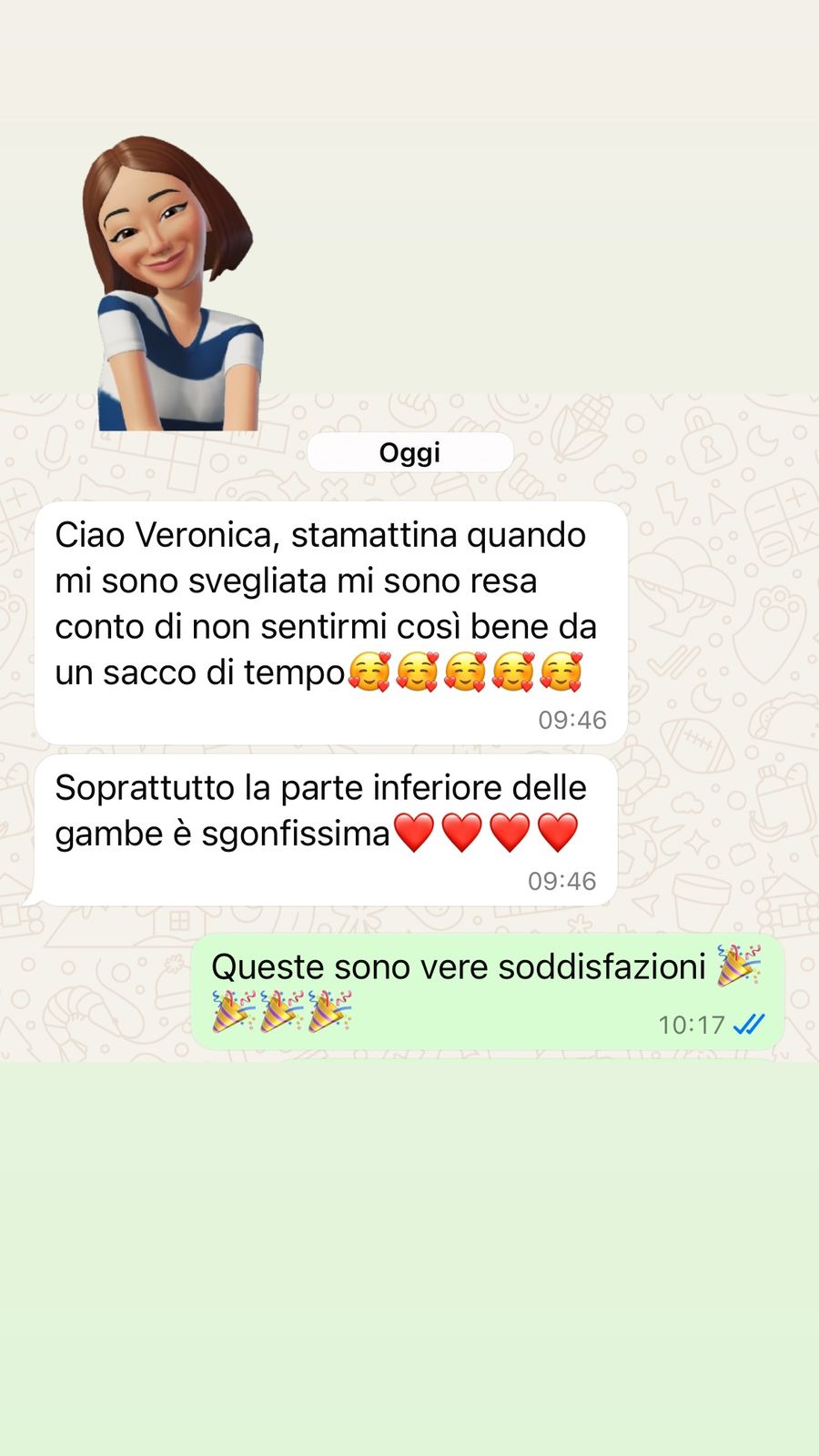 Feedback WhatsApp: non mi sentivo così bene da un sacco di tempo, le gambe sono sgonfissime